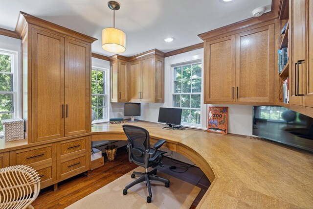 15 Mill Rd, New Canaan, CT 06840 - office featuring built in study area, plenty of natural light, recessed lighting, dark wood-type flooring, and crown molding