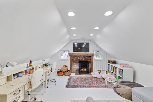 15 Mill Rd, New Canaan, CT 06840 - office space with vaulted ceiling, a brick fireplace, and recessed lighting