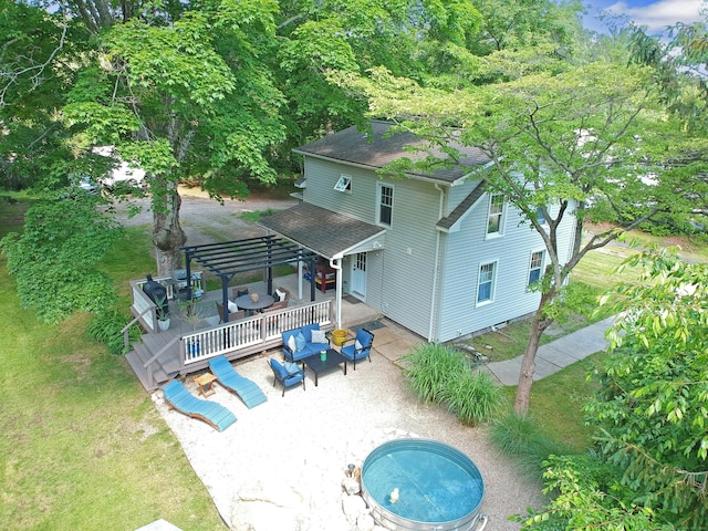 276 Boston Post Rd, East Lyme, CT 06333 - rear view of property featuring a pergola, an outdoor living space, a deck, roof with shingles, and a patio area