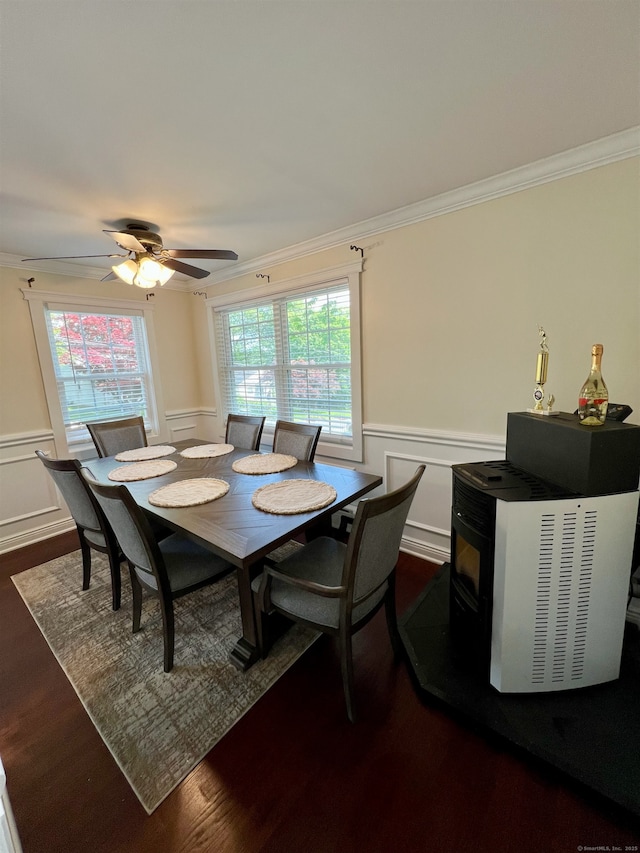 55 Lancaster St, Watertown, CT 06779 - dining room featuring ornamental molding, a decorative wall, a wainscoted wall, dark wood-type flooring, and ceiling fan