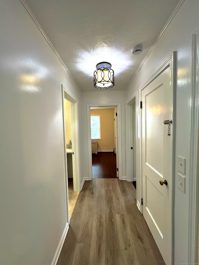 55 Lancaster St, Watertown, CT 06779 - hallway with ornamental molding, dark wood-style floors, baseboards, and a baseboard radiator