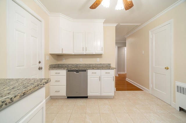 43 Breyer Ave, Bridgeport, CT 06606 - kitchen with stainless steel dishwasher, a ceiling fan, crown molding, radiator, and white cabinetry