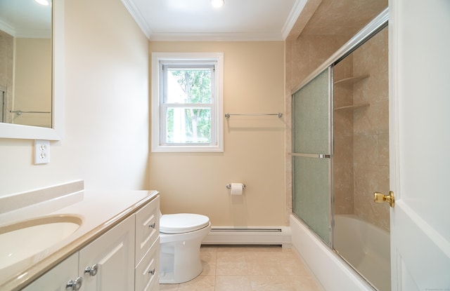 43 Breyer Ave, Bridgeport, CT 06606 - full bath featuring baseboard heating, vanity, toilet, crown molding, and tile patterned floors