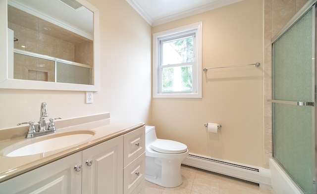 43 Breyer Ave, Bridgeport, CT 06606 - full bathroom with baseboard heating, vanity, toilet, crown molding, and tile patterned floors