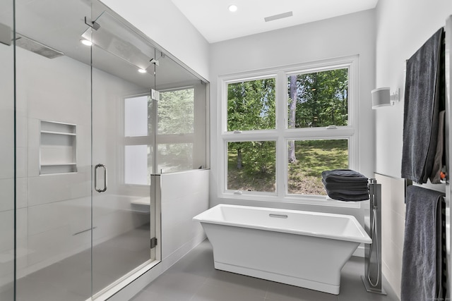 326 Georgetown Rd, Weston, CT 06883 - full bathroom with a freestanding bath, tile patterned floors, and a stall shower