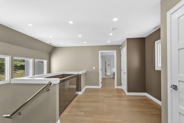 326 Georgetown Rd, Weston, CT 06883 - hall featuring light wood-type flooring, baseboards, an upstairs landing, recessed lighting, and lofted ceiling