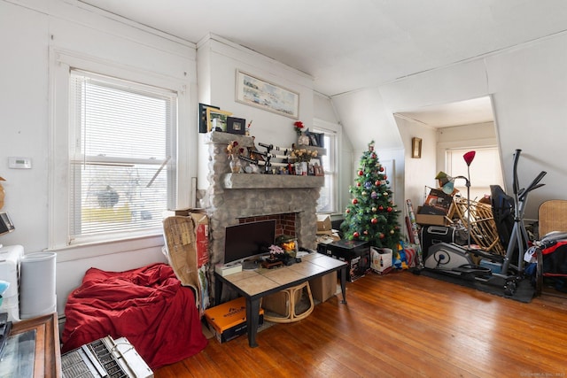 209 Pequot Ave, New London, CT 06320 - living room featuring wood-type flooring, plenty of natural light, a fireplace, and vaulted ceiling