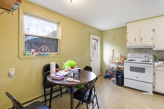 209 Pequot Ave, New London, CT 06320 - kitchen featuring electric stove, under cabinet range hood, baseboard heating, and white cabinetry