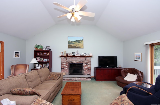 43 Redwood Cir, Shelton, CT 06484 - carpeted living room featuring vaulted ceiling, a ceiling fan, and a brick fireplace