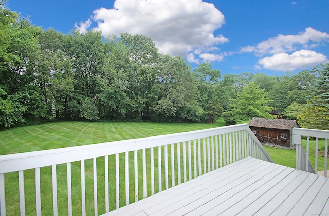 43 Redwood Cir, Shelton, CT 06484 - deck featuring a lawn and an outbuilding