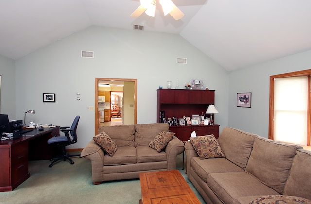43 Redwood Cir, Shelton, CT 06484 - living room with ceiling fan, lofted ceiling, light colored carpet, and a desk