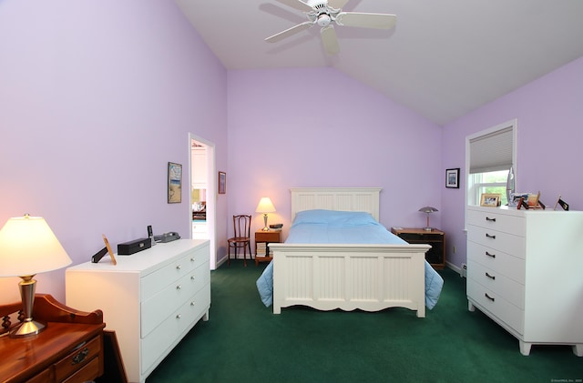 43 Redwood Cir, Shelton, CT 06484 - bedroom featuring dark colored carpet, lofted ceiling, and a ceiling fan