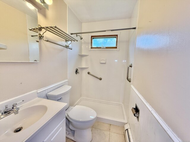 14 Arrowhead Way Apt C6, Woodbury, CT 06798 - full bath with a stall shower, tile patterned flooring, vanity, toilet, and a baseboard heating unit