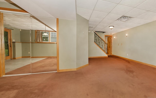 44 Richard Ave, Wolcott, CT 06716 - basement with carpet floors, a paneled ceiling, and stairway