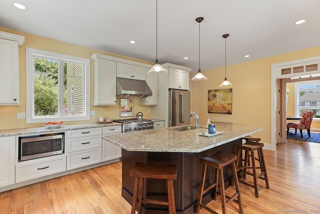 8 Meadowview Dr, Brookfield, CT 06804 - kitchen featuring stainless steel appliances, under cabinet range hood, a kitchen bar, light wood-style floors, and white cabinetry