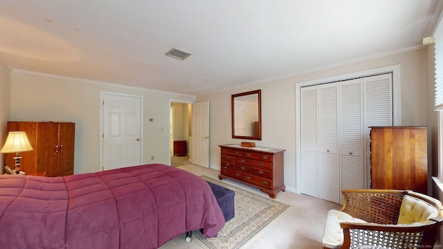 55 Addison Pond Rd Unit 55, Glastonbury, CT 06033 - bedroom with light carpet, a closet, and ornamental molding