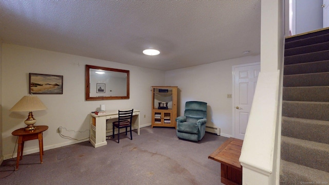 55 Addison Pond Rd Unit 55, Glastonbury, CT 06033 - sitting room featuring a baseboard heating unit, stairs, carpet, and a textured ceiling