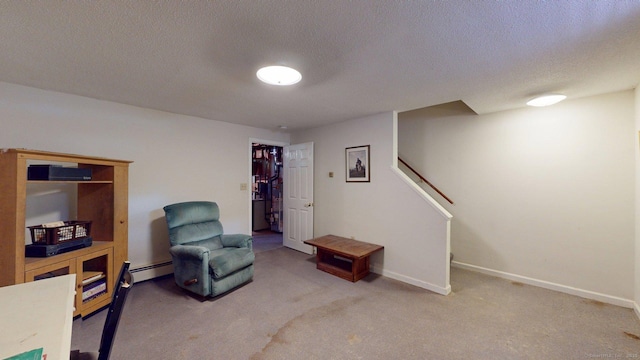 55 Addison Pond Rd Unit 55, Glastonbury, CT 06033 - living area featuring light colored carpet, a textured ceiling, a baseboard radiator, and stairs