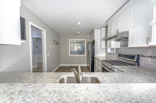 2 Mansfield Grove Rd Apt 374, East Haven, CT 06512 - kitchen featuring stainless steel appliances, under cabinet range hood, a sink, backsplash, and wood finished floors