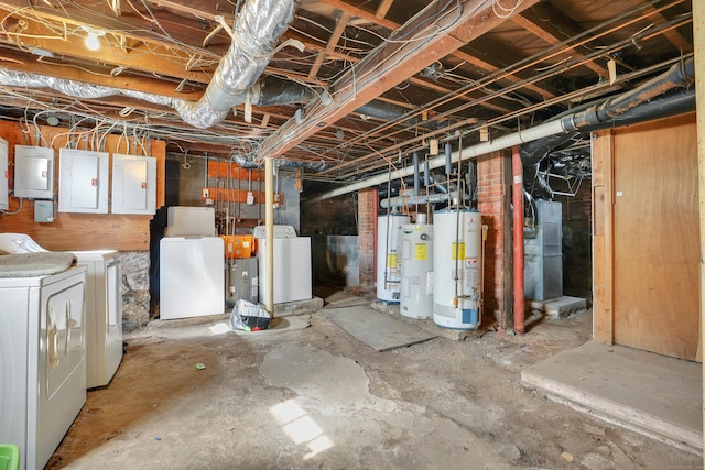 127 Smalley St, New Britain, CT 06051 - unfinished basement with washer and clothes dryer, gas water heater, electric panel, and water heater
