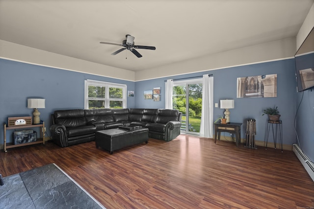 64 Obed Hts, Old Saybrook, CT 06475 - living area with a ceiling fan, baseboard heating, healthy amount of natural light, and wood finished floors