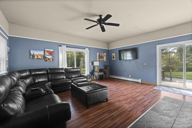 64 Obed Hts, Old Saybrook, CT 06475 - living area featuring a baseboard radiator, wood finished floors, healthy amount of natural light, and ceiling fan