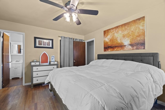 64 Obed Hts, Old Saybrook, CT 06475 - bedroom with dark wood-style floors, baseboards, ensuite bathroom, and ceiling fan