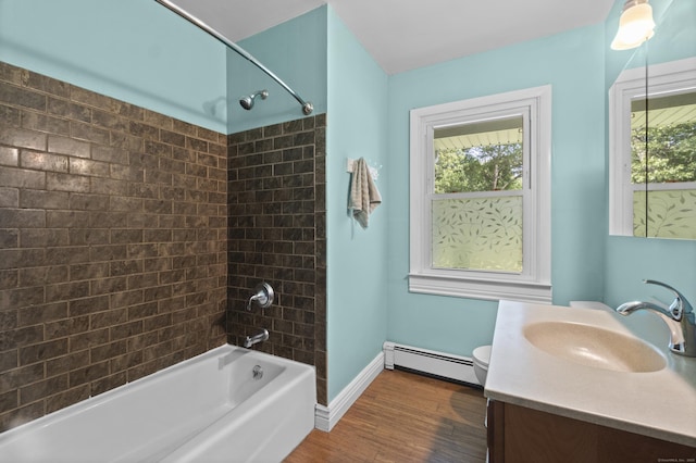 64 Obed Hts, Old Saybrook, CT 06475 - bathroom featuring baseboard heating, vanity, wood finished floors, shower / bath combination, and toilet