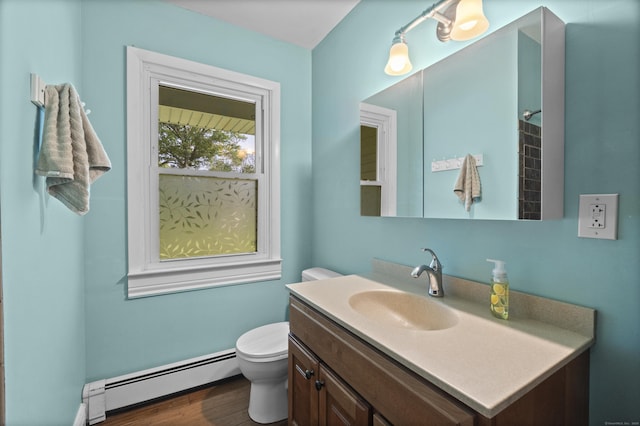 64 Obed Hts, Old Saybrook, CT 06475 - full bath with a baseboard radiator, toilet, vanity, wood finished floors, and a shower