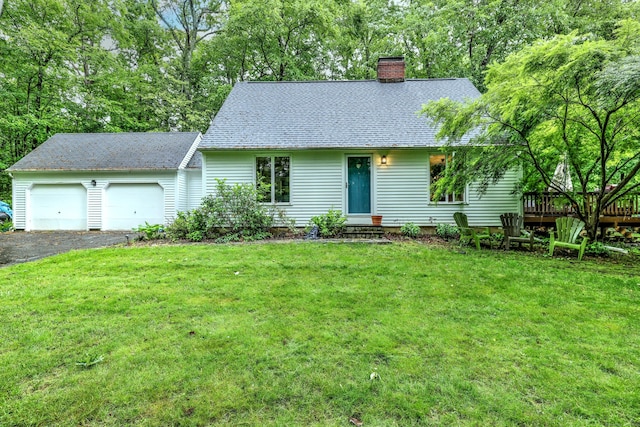225 Rocky Mountain Rd, Southbury, CT 06488 - view of front of house featuring a chimney, an attached garage, a front lawn, a deck, and a shingled roof