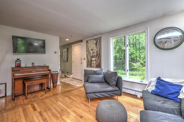 225 Rocky Mountain Rd, Southbury, CT 06488 - living room featuring a baseboard radiator, light wood-style flooring, baseboards, and recessed lighting
