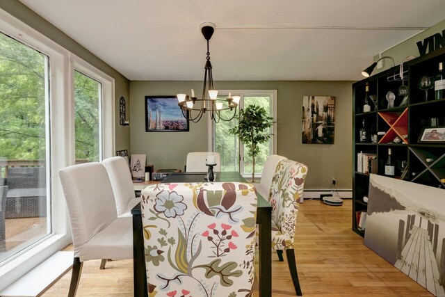 225 Rocky Mountain Rd, Southbury, CT 06488 - dining area featuring healthy amount of natural light, light wood-type flooring, a chandelier, and a baseboard radiator