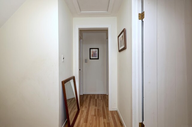 225 Rocky Mountain Rd, Southbury, CT 06488 - corridor with light wood-style floors, baseboards, and attic access
