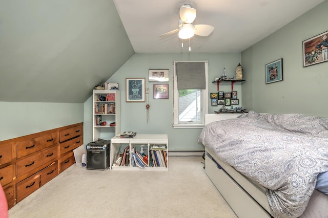 225 Rocky Mountain Rd, Southbury, CT 06488 - carpeted bedroom featuring a baseboard radiator, vaulted ceiling, and a ceiling fan