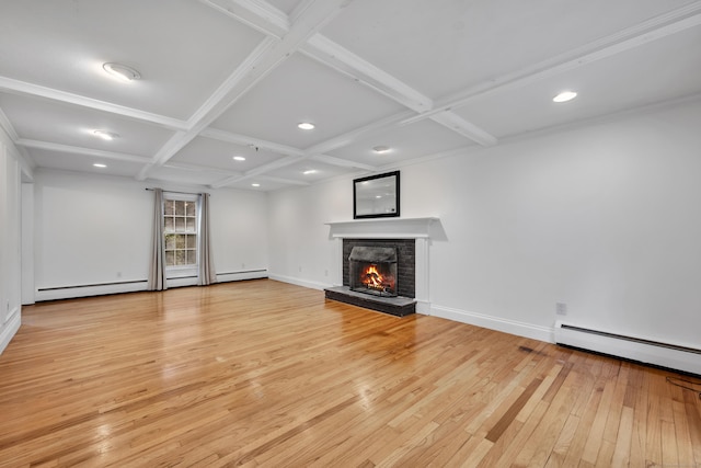206 Ludlow Rd, Manchester, CT 06040 - unfurnished living room with coffered ceiling, light wood-style floors, a baseboard heating unit, a warm lit fireplace, and recessed lighting