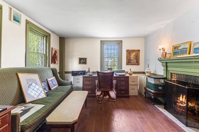 27 Tobey Hill Rd, North Canaan, CT 06018 - office featuring dark wood-style flooring, healthy amount of natural light, and a lit fireplace