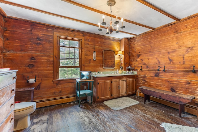 27 Tobey Hill Rd, North Canaan, CT 06018 - bathroom featuring vanity, wood walls, a chandelier, and hardwood / wood-style floors