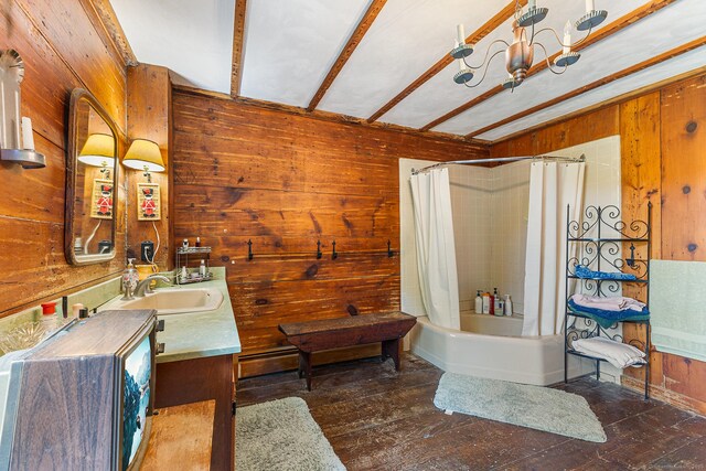 27 Tobey Hill Rd, North Canaan, CT 06018 - bathroom featuring wood walls, vanity, shower / bath combination with curtain, and wood-type flooring