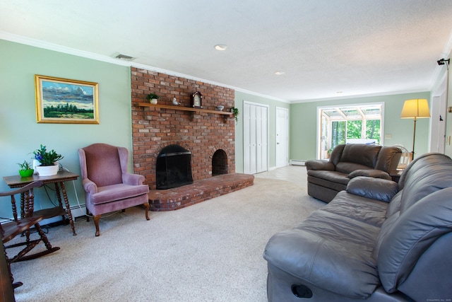 12 Northwoods Rd, Granby, CT 06060 - carpeted living area featuring ornamental molding, a brick fireplace, baseboards, and a baseboard heating unit