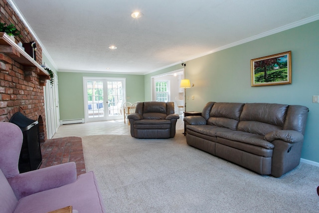 12 Northwoods Rd, Granby, CT 06060 - living room featuring baseboard heating, carpet, ornamental molding, baseboards, and recessed lighting