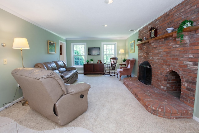 12 Northwoods Rd, Granby, CT 06060 - carpeted living area with crown molding, baseboards, a brick fireplace, and a baseboard radiator