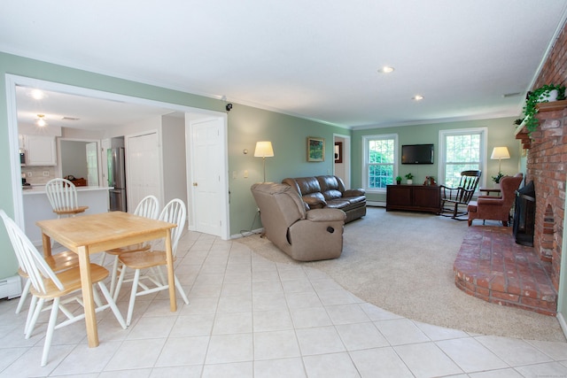 12 Northwoods Rd, Granby, CT 06060 - living area featuring crown molding, light carpet, recessed lighting, light tile patterned flooring, and a baseboard heating unit