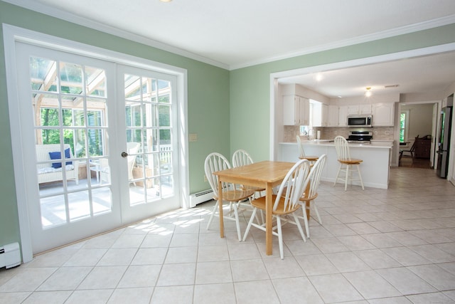 12 Northwoods Rd, Granby, CT 06060 - dining area with light tile patterned floors, ornamental molding, french doors, and a baseboard heating unit