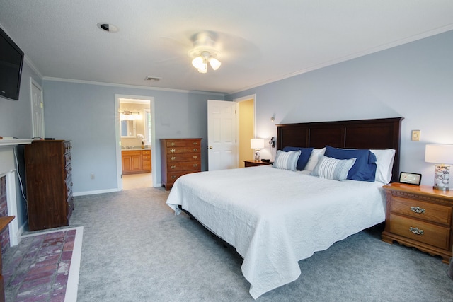 12 Northwoods Rd, Granby, CT 06060 - bedroom with ornamental molding, carpet, ensuite bathroom, a ceiling fan, and baseboards