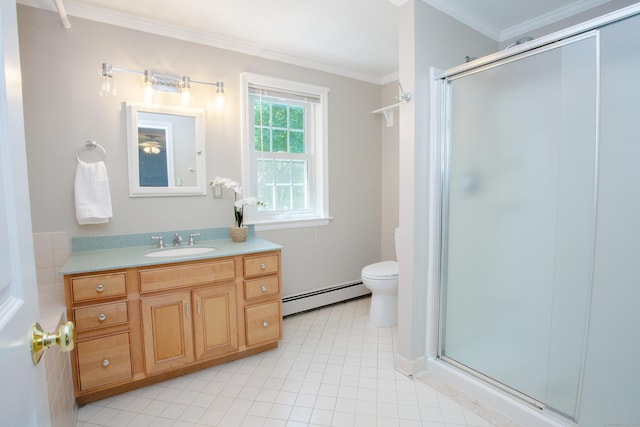 12 Northwoods Rd, Granby, CT 06060 - full bathroom with a baseboard radiator, ornamental molding, vanity, a shower stall, and toilet