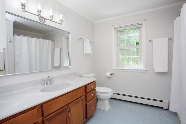 12 Northwoods Rd, Granby, CT 06060 - full bathroom with baseboard heating, vanity, toilet, and ornamental molding