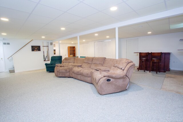 12 Northwoods Rd, Granby, CT 06060 - carpeted living room featuring stairway, a bar, recessed lighting, baseboards, and a drop ceiling