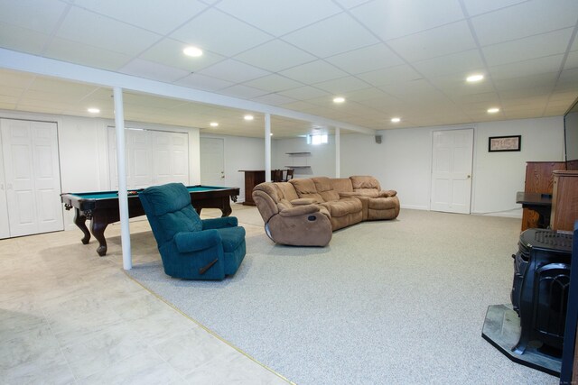 12 Northwoods Rd, Granby, CT 06060 - living area featuring a wood stove, billiards, recessed lighting, and a paneled ceiling