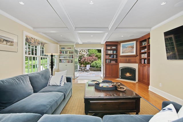 151 Woodridge Dr, New Canaan, CT 06840 - living area with wood finished floors, ornamental molding, a fireplace with flush hearth, recessed lighting, and built in features