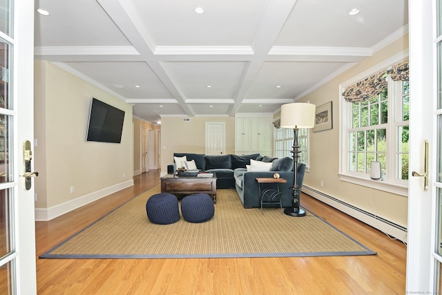 151 Woodridge Dr, New Canaan, CT 06840 - living room featuring a baseboard heating unit, wood finished floors, beam ceiling, coffered ceiling, and baseboards